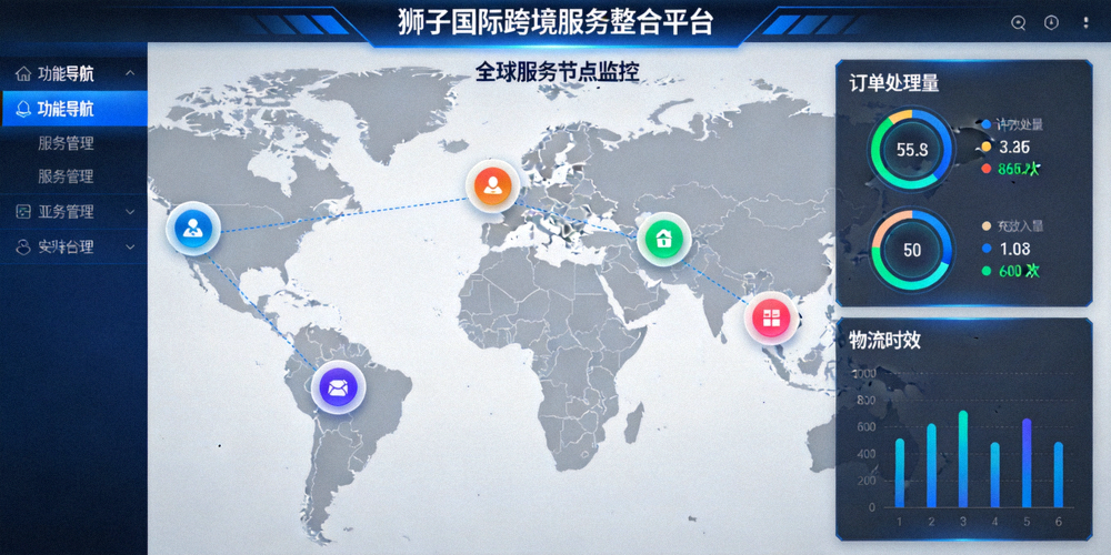 狮子国际跨境服务整合平台界面演示 - 显示全球地图、服务节点和实时数据面板
