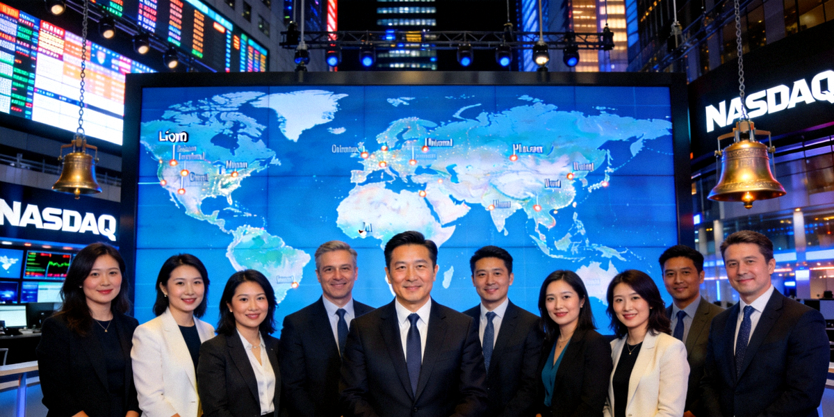 狮子国际CEO在纳斯达克交易所敲钟仪式后，与团队站在显示全球业务地图的大屏幕前合影