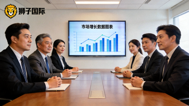 狮子国际高管团队在会议室中讨论全球扩展战略，墙上屏幕显示着市场增长数据图表