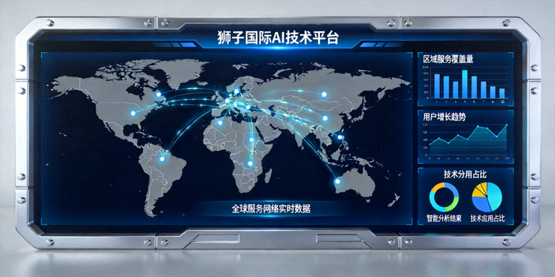 狮子国际AI技术平台展示界面，大屏幕显示全球服务网络实时数据和智能分析图表