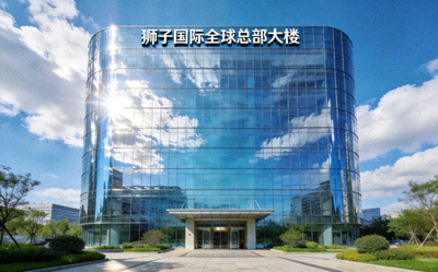 狮子国际全球总部大楼外景，现代化玻璃幕墙建筑，蓝天白云背景